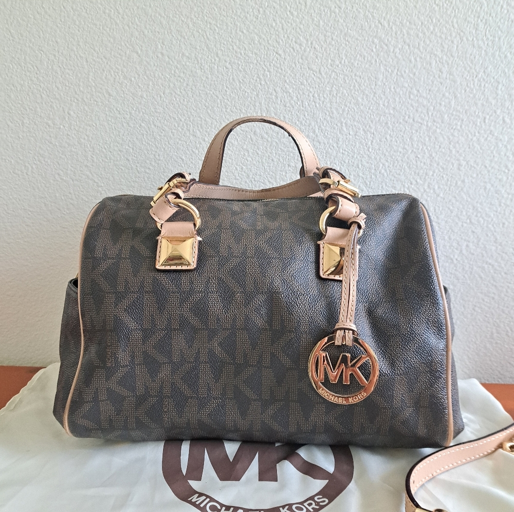 Michael Kors Women Grayson Boston Large Hand Bag Leather Canvas Brown/cream